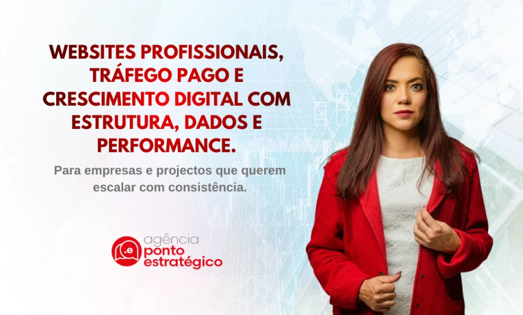 Jamile Lisboa apresentando serviços da Agência Ponto Estratégico, com foco em criação de websites profissionais, tráfego pago e crescimento digital baseado em dados e performance.