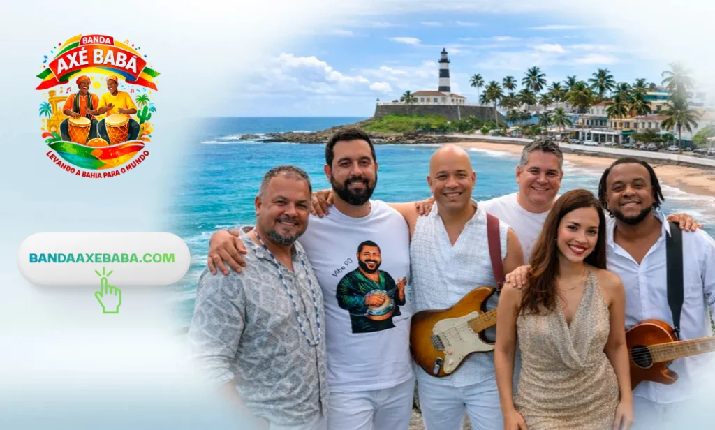 Banda Axé Babá reunida em cenário de praia, representando show profissional para eventos, com booking realizado por Jamile Lisboa.